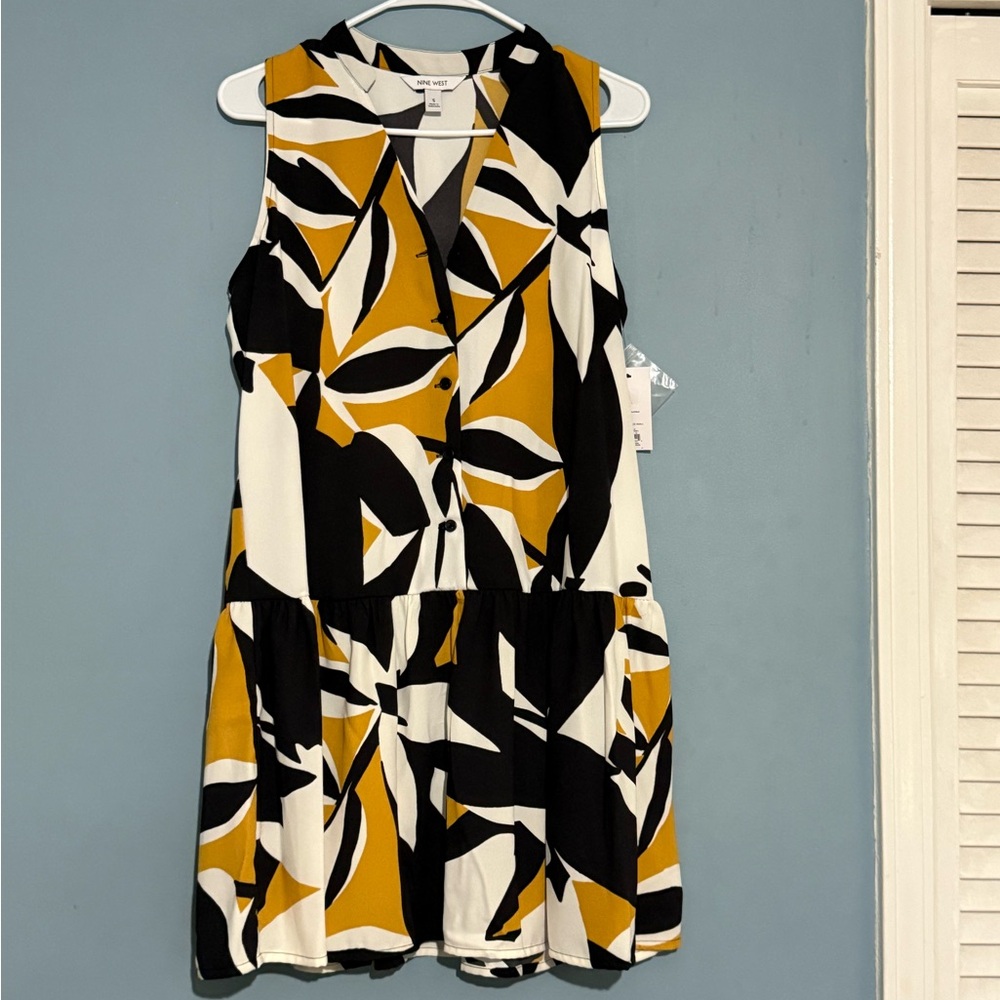 Nine West Black and Gold Leaf Print Mini Dress